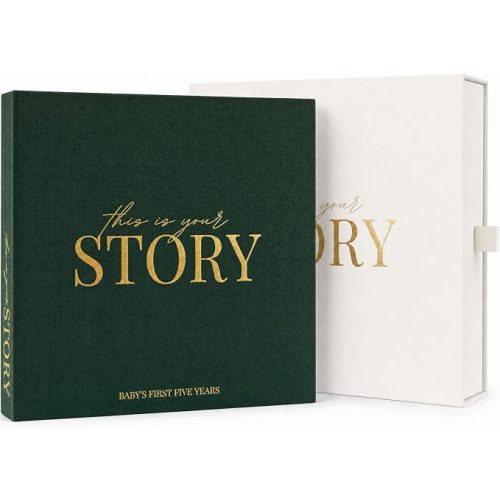 Baby Memory Book from Pregnancy to Age 5, Baby Book Keepsake & Milestone Journal for Boy or Girl, Gender Neutral Scrapbook Album with Stickers & Keepsake Box Evergreen