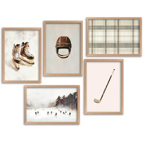 guajunsanh 5Pcs Vintage Puck Framed Wall Art Set, Retro Sports Themed Canvas Print Posters, Sports Wall Decor for Boys Bedroom Kids Room & Sports Theme Nursery Decor, 8x10 Inch Solid Wood Frame