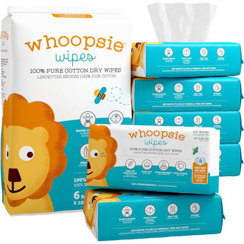 Whoopsie Wipes – The Original Ultra-Soft 100% Cotton Dry Baby Wipes | Chemical-Free | Use Wet or Dry| Gentle for Sensitive Skin | Extra Strong and Absorbent (6 Pack, 600 Count)
