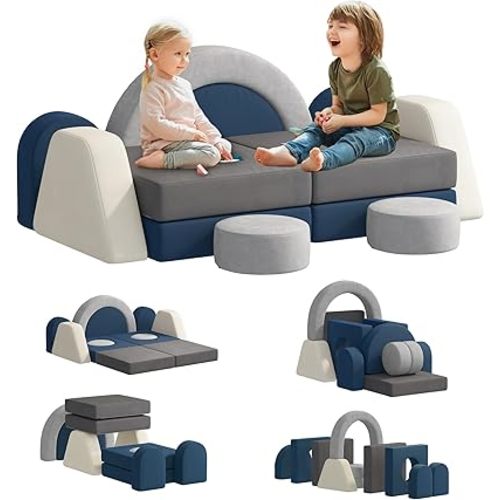 HedoAjim 12 PCS Modular Kids Play Block Couch Sofa Soft Child Toddler Building Fortplay Climbing Bedroom Playroom Baby Convertible Floor Foam Cushion for Boys & Girls (Tonal Gray)