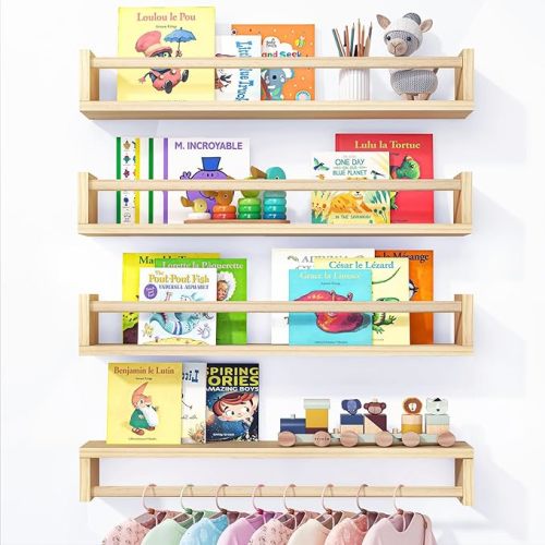 Fixwal Nursery Book Shelves, 23.6 Inch Floating Bookshelves for Wall Set of 4, Baby Nursery & Playroom Decor, Solid Wood Wall Mounted Shelves for Books and Toys Storage (Brown)