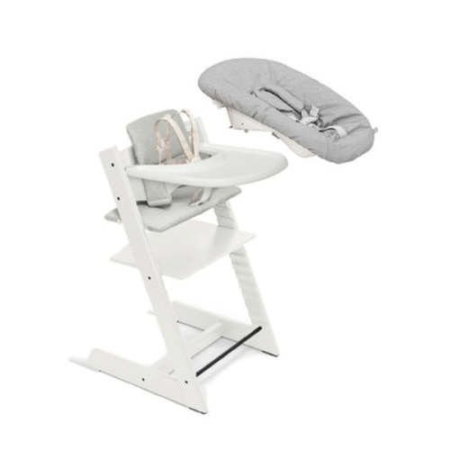 Tripp Trapp High Chair² + Cushion, Tray & Newborn Set Bundle - White/Nordic Grey