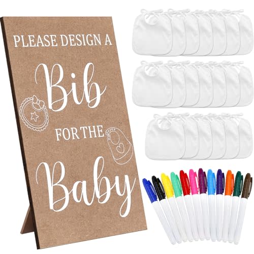 Panitay 43 Pcs Baby Shower Games White Bibs Design, Include Wooden Baby Shower Game Sign, 30 DIY Blank White Bibs, 12 Markers for Gender Reveal Party Decorating Supplies(Classic Style)