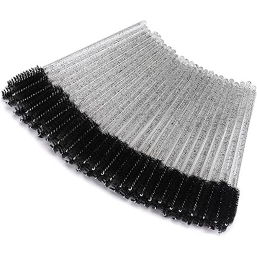 Tbestmax 50 Pcs Disposable Mascara Wands, Crystal Eyebrow Spoolies Brush for Eyelash Extensions, Black Eye Lash and Makeup Brush