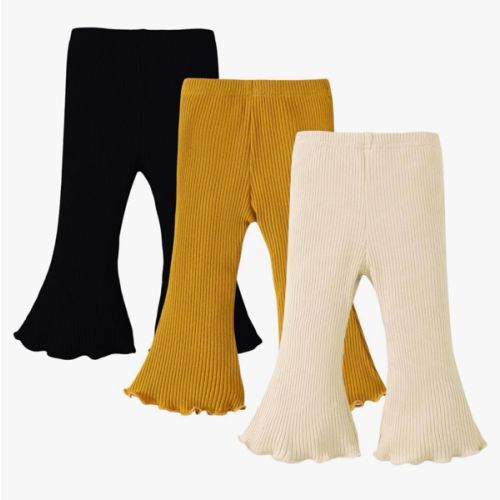 SOBOWO Baby Girl Flare Pants 3 Pack Toddler Solid Ribbed Ruffle Bell Bottoms Pants Trousers Fall Outfits