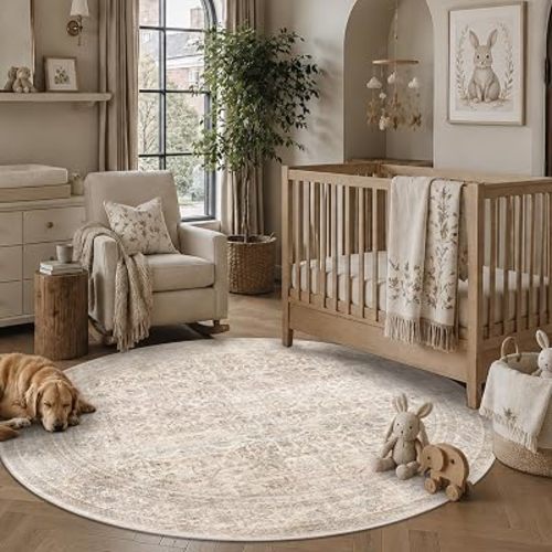 Schweek 6ft Round Area Rug Washable Neutral Non-Slip Living Room Rug Beige