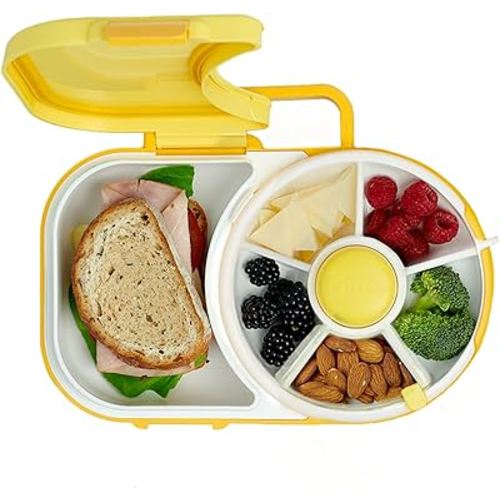 GoBe Kids Lunchbox with Small Snack Spinner Flip - Bundle with Hand Strap & Sticker Sheet, 2-in-1 Bento Style Lunch Container, 5 Small +1 Large Sandwich Compartment, BPA & PVC Free - Lemon Yellow