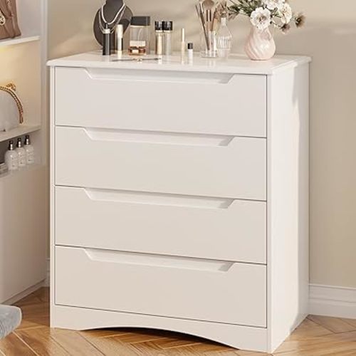 Gizoon 4 Drawer Dresser for Bedroom, Sturdy White Chest of Drawers with Anti-Tip Device, Modern Large Capacity Storage Furniture for Closet, Embedded Handles, Space-Saving Design, Wooden Finish, White