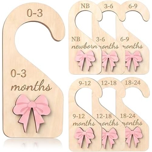 Wooden Baby Closet Dividers Set of 7, Double-Sided Coquette Baby Clothes Dividers for Closet Organizer Newborn to 24 Months Pink Bow Nursery Hanger Nursery Decor Newborn Clothes Size Organizer (7 PCS)