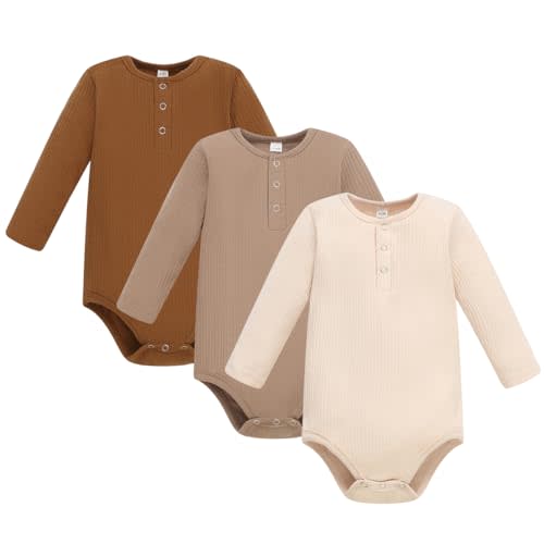 WATOCHE Baby Boy Ribbed Bodysuit Long Sleeve Solid Romper Newborn One Piece Outfits Unisex Ribbed Clothes,0-18 Months