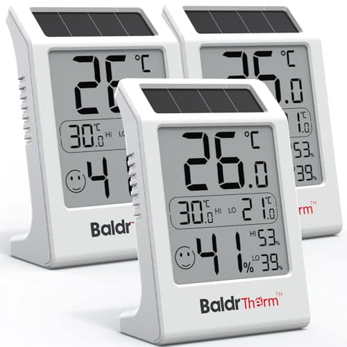 BaldrTherm Room Thermometer Indoor Humidity Meter, Solar-Powered 3.2'' Digital Temperature Sensor Monitor with Max/Min Reading, Comfort Indicator for Baby Room, Home, Office, White, 3Pack