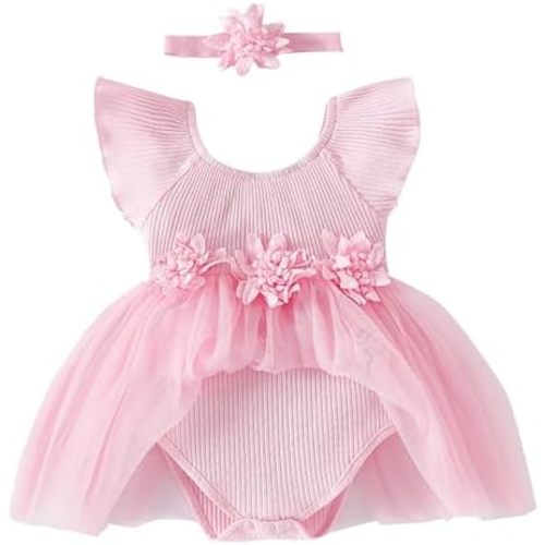 Baby Girl Romper Dress Ribbed Newborn Lace Boho Tutu Dresses Headband Baptism Photography Wedding Summer Outfit 0-24M