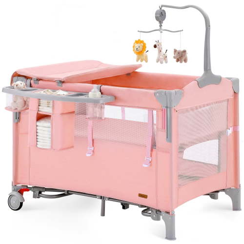 HARPPA 5 in 1 Portable Baby Playard Bassinet with Changing Table Pink for Newborn to Toddler