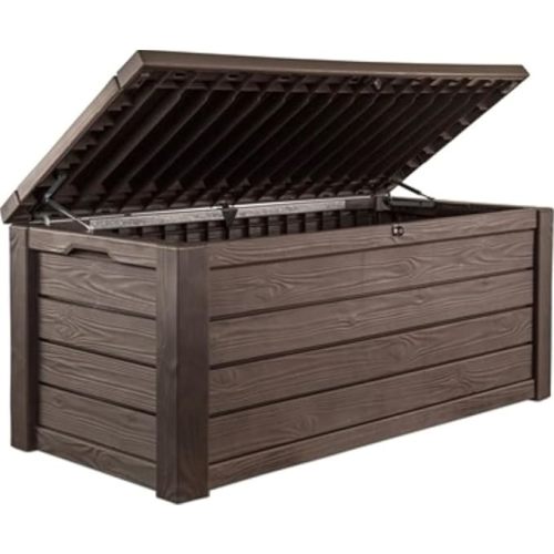 Keter Westwood 150 Gal Outdoor Storage Box for Patio and Pool Accessories | Brown, Resin, Large, Weatherproof, Lockable, Hydraulic Pistons, Easy Assembly, Organization, Patio Cushions Storage