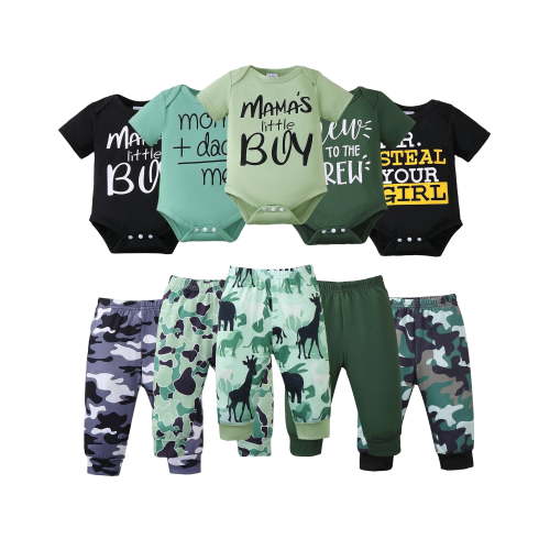 KIMI BEAR Newborn Baby Boys Layette Set 5 Packs 3-6 Months Shower Gift Sets Romper Top Pants Set Short Sleeves Tops Letter Print Camouflage Outfits Clothing Summer 10pcs Essential Clothes Multicolor