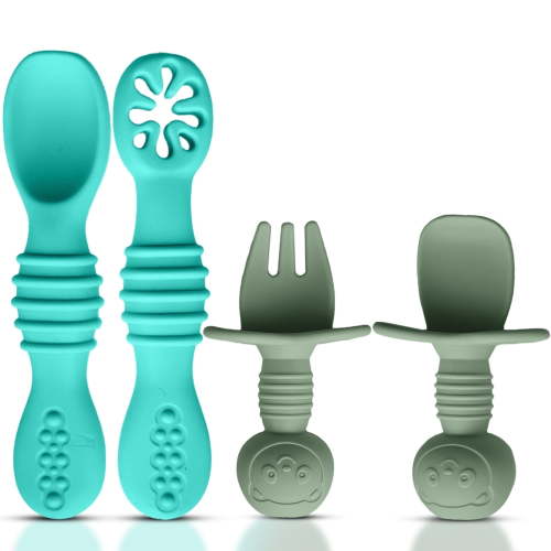HippoBaby Silicone Self-Feeding Baby Utensils Set for 6-12 Months, Includes Spoons and Fork in Blue Green