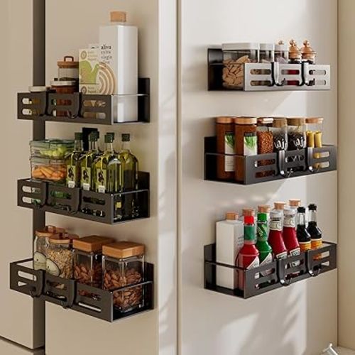 SETBAOO 6 Pack Magnetic Spice Rack for Refrigerator Set, Black Magnetic Shelf and Fridge Kitchen Cabinet Organizers Storage Seasoning Organization Mini Shelves.