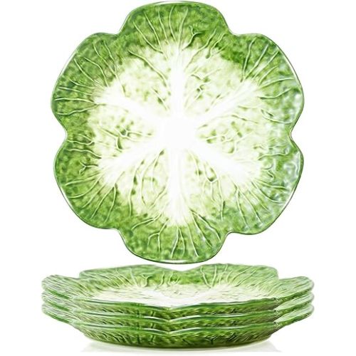 KXZ Set of 4 Green Ceramic Salad Plate, 10.5 Inch Cabbage Plates, Porcelain Decorative Plates for Kitchen, Round Appetizer Bowl for Dessert, Decorative, Dinner, Pancakes, Steak