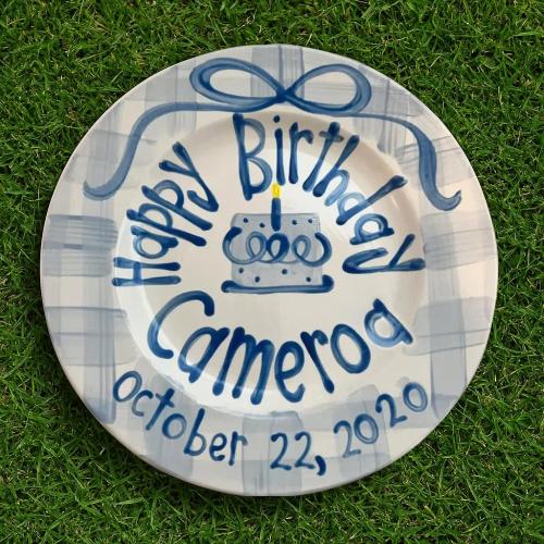 Personalized Hand Painted Birthday Plate with Blue Gingham Rim – Custom Baby Name and Date – 1st Birthday Keepsake Ceramic Gift for Kids