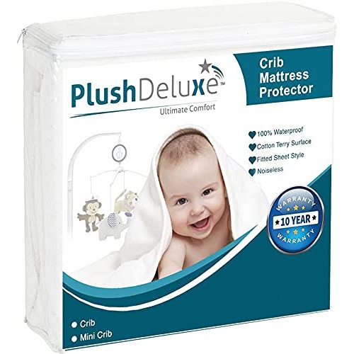 PlushDeluxe Crib Size Waterproof Mattress Protector Breathable Soft Cotton Terry Surface (Crib)