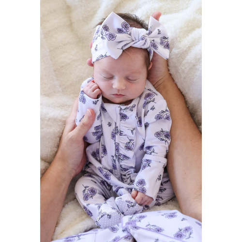 Ruffle Zipper Footie in Amethyst Garden | Caden Lane