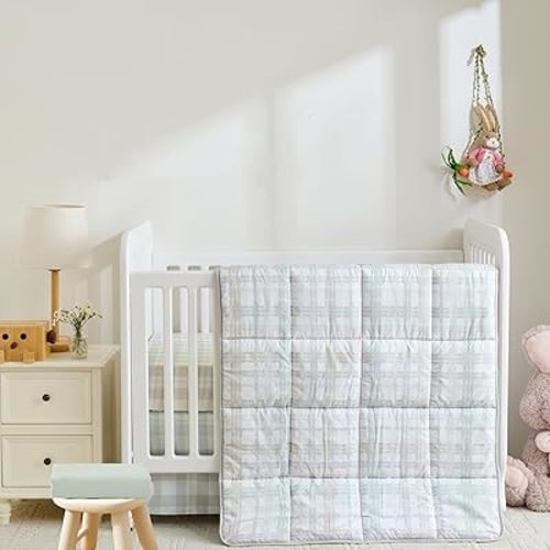 4-Piece Crib Bedding Set — Soft Breathable Comforter, 2 Snug Fit Elastic Crib Sheets & Tailored Dust Ruffle, Cozy Nursery Essentials for Boys & Girls, Durable Easy-Care Sleep Set, Plaid