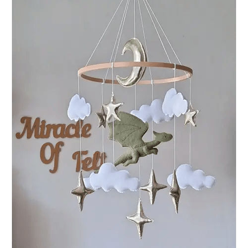 Green Felt Dragon Baby Mobile: Fantasy Nursery Hanging Decor Moon Stars