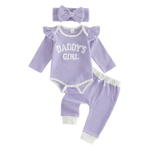 Sejardin Infant Baby Girl Fall Clothes Waffle Newborn Daddys Girl Outfit | Letter Embroidery Print Long Sleeve Romper Pants Headband Newborn 3 6 12 18M Outfit