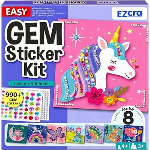 EZCRA Easy Arts and Crafts for Kids - Fun Gem Sticker Kit - 8 Unicorn Princess Themes, 990+ Stickers - Gem Art for Kids - Diamond Art Kits - Gifts for Girls Ages 3-8