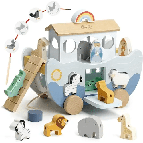 Joyreal Wooden Noah's Ark Toy for 1 Year Old Baby Boy and Girl Baptism Gift - Neutral Color Montessori Educational Toy with Animal Shape Sorter - Christian Toys for Toddler 1-3 Christmas Birthday Gift