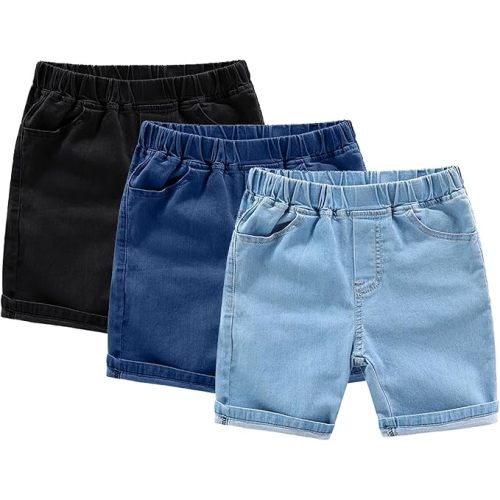 Toddler Comfy Fit Denim Shorts Boys Summer Elastic Waist and Roll-Up Option Jeans Pants Girl Pull On Shorts with Pockets
