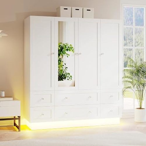 VOWNER Wardrobe Closet with 4 Doors Bedroom Armoire with Mirror & 6 Drawers