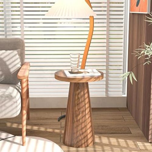 Small Round Pedestal Side Table, Wooden End Table for Living Room, Fluted Drink Table for Small Space, Modern Plant Stand Accent Table for Sofa Couch, 13.6 inch (Walnut)