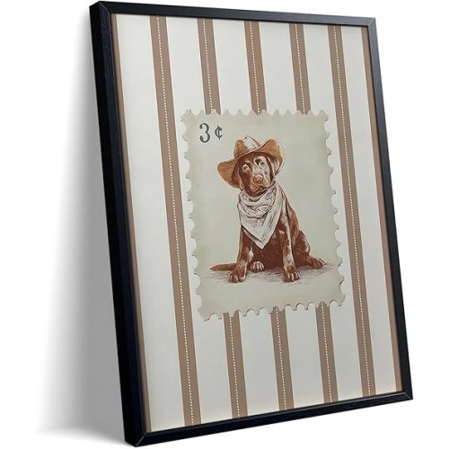 Vintage Cowboy Dog Wall Art, Western Puppy Stamp Canvas Print, Farm Rustic Country Animal Wall Decor, Southwestern Poster Oil Painting for Living Room Bedroom Nursery Office 8x10 Inch Framed