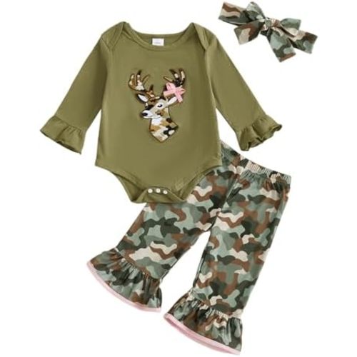 Newborn Baby Girl Hunting Clothes Deer Long Sleeve Romper Jungle Camo Flare Pants Set 3 Piece Fall Winter Outfit