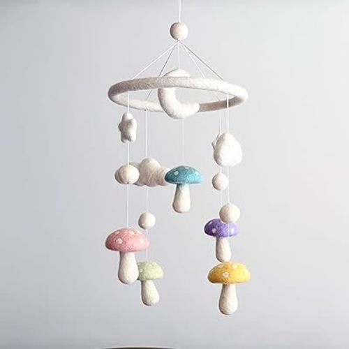 Handmade Felt Pastel Mushroom Nursery Mobile, Crib Mobile for Boys & Girls, Boho Decor, Natural Wool & Wood, Baby Shower Gift, Fair Trade Nepal