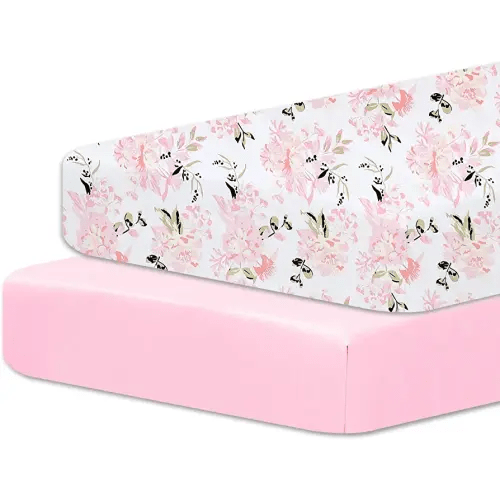 Little Grape Land Pack and Play Sheets Mini Crib Sheets Soft Breathable Pack N Play Sheets, Playard Fitted Sheet 2 Pack Stretchy Fits 38"x26" Playard Mattress, Pink Floral