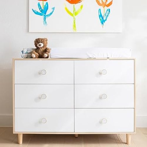 White Dresser for Bedroom, 6 Drawer Dressers with Solid Wood Legs, Baby Dresser for Nursery & Kids, Storage for Clothes and Baby Essentials