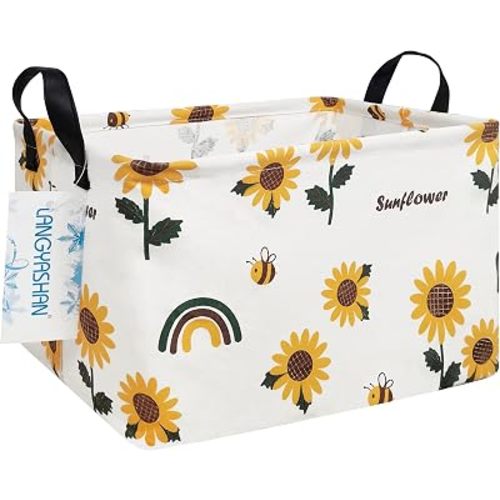 Rectangular Storage Bin Collapse Canvas Fabric Cartoon Storage Basket with Handles for Organizing Home Kitchen Boys and Girls Toys Office Closet Shelf Baskets(Rec Sunflower)