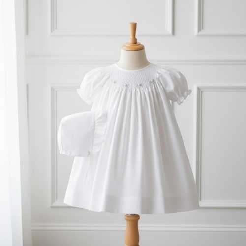 Petit Ami Smocked 3 Months 2pc Daygown Set: White Bishop Dress & Bonnet Baby Girls