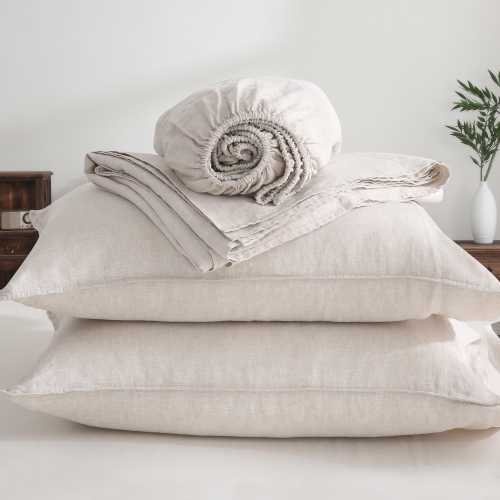 100% Linen Sheets set 4P (1 Fitted Sheet 1 Flat Sheet 2 Pillowcases), 3P (1 Fitted Sheet 2 Pillowcases) & 3P Duvet Cover Set Linen Bedding