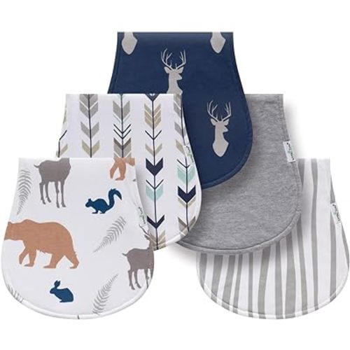 Little Tots Burp Cloths 100% Cotton Baby Burp Set, Absorbent & Soft Burping Cloth Newborn Towel for Newborns & Babies Boys & Girls Unisex 5 Pack (Flying Sky) (Elks)