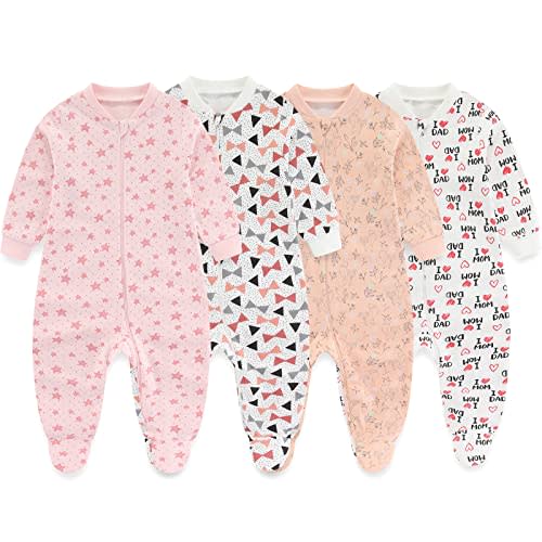 MAMIMAKA Newborn Baby One-Piece Footies Romper 2-Way Zip Cotton Bodysuit Long-Sleeve Jumsuit 4-Pack, 0-12 Months