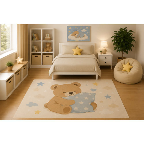 Trinx "Ultra Lightweight" 5'x7' Kids Area Rug Sleeping Teddy Bear Hug Pillow Rug Cute Stars Clouds Nursery Bedroom Playroom Baby Room Decor Non-Slip Silicone Backing Low Pile | Wayfair