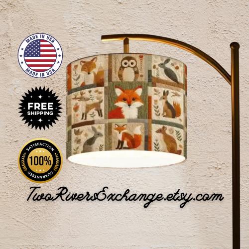 Reading Floor Lamp with Woodland Critters Fox & Owl Faux Patchwork Linen Lampshade, Black Standing Lamp, Book Nook Light, Nursery Lighting
