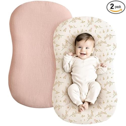 Konssy Muslin Baby Lounger Cover 2 Pack, 100% Cotton Newborn Lounger Cover, Soft and Breathable Baby Nest Slipcover for Boys Girls (Pink, Floral)