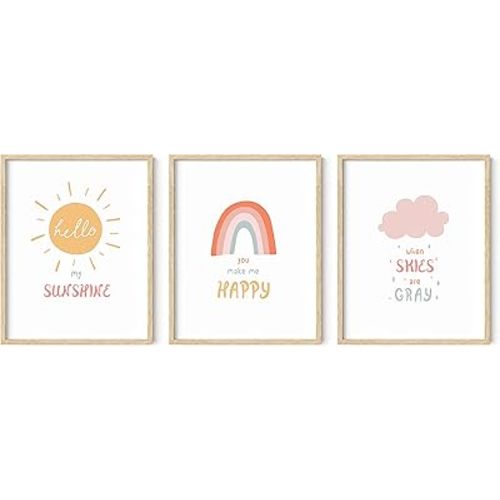 HAUS AND HUES Nursery Posters and Rainbow Wall Decor - Set of 3 Rainbow Wall Art for Kids, Wall Art for Nursery Girls, Kids Wall Art Hello Sunshine Classroom Decorations (Beige Frame, 11x14)