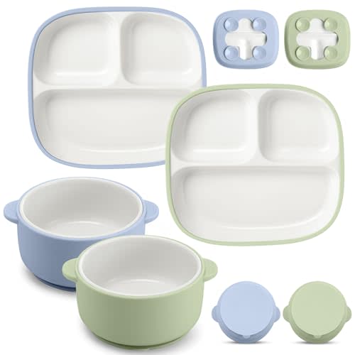Domensi 4 Pcs Square Porcelain Kid Plate and Bowl Set with Suction, 2 Ceramic Toddler Divided Plate 2 Baby Anti Slip Silicone Sleeve Bowl for Feeding Supplies Microwave Dishwasher Safe(Blue, Green)