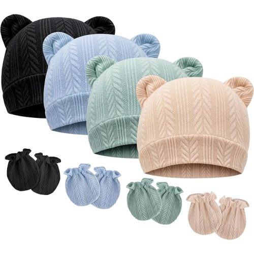 BQUBO Newborn Baby Hats Bear Ears and Mittens Sets Preemie Caps Baby Boy Girl Infant Hospital Beanie for 0-3 Months