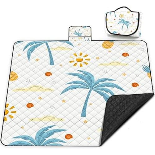 Extra Large Picnic Blanket Waterproof,80"x 80"Foldable Machine Washable Beach Blanket,Outdoor Blanket for 6-8 Adults,Suitable for Indoor Crawling,Park Beach,Camping,Hiking,Family Travel(Island)